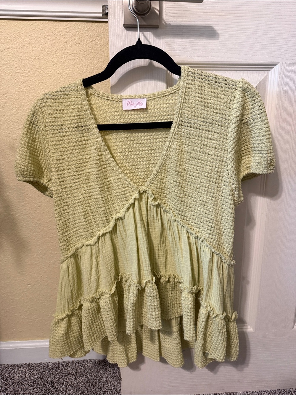 Pink Lily Light Lime Knit V-Neck Ruffle Tunic